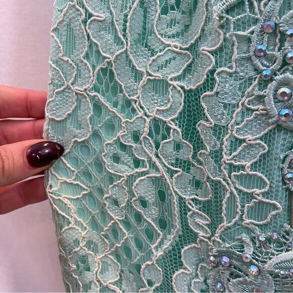 Mint Green and Silver Lace Mac Duggar Floor Length Prom Gown Size 12 - Picture 11 of 16